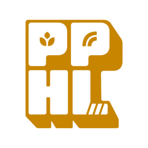 Prairie Pride Hockey League 3D lettermark in gold. The first P has a wheat symbol and the second has a mini rainbow for its counter. The base of the L has a taped hockey stick design.