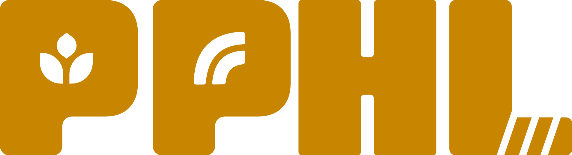 Prairie Pride Hockey League horizontal lettermark in gold. The first P has a wheat symbol and the second has a mini rainbow for its counter. The base of the L has a taped hockey stick design.